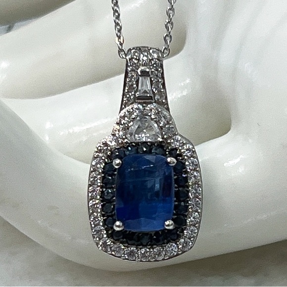Kashmir Kyanite Multi Gemstone Sterling Silver Halo Pendant 20” Necklace